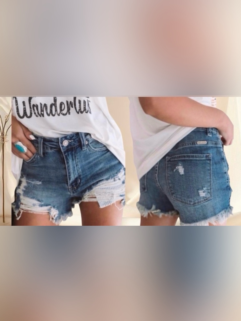 KanCan Dark Wash Distressed Denim Cut Off Jean Shorts - Picture 3 of 7